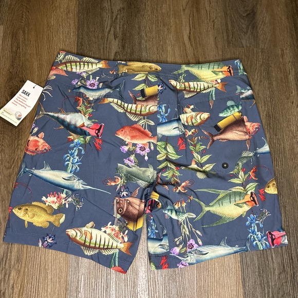 Saxx Betawave 2N1 Boardie 17" Men's 34 Swim Trunks Shorts Ballpark Pouch Fish - Picture 2 of 13